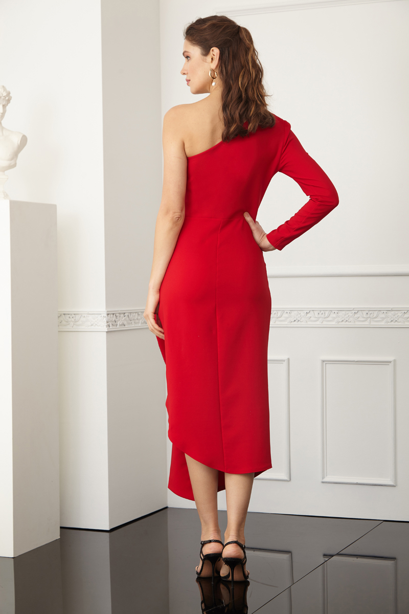 Red Crepe One Arm Midi Dress