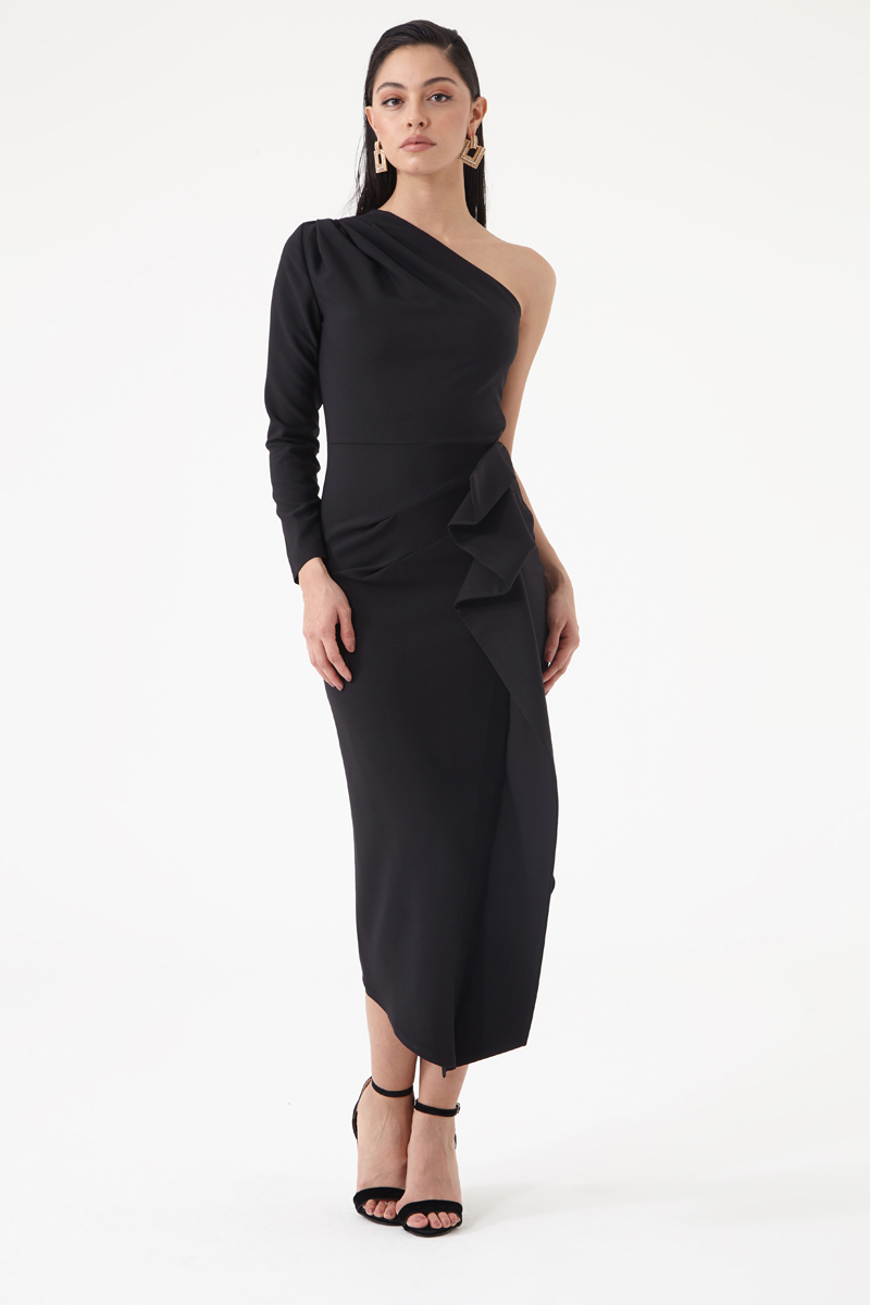 Black Crepe One Arm Midi Dress