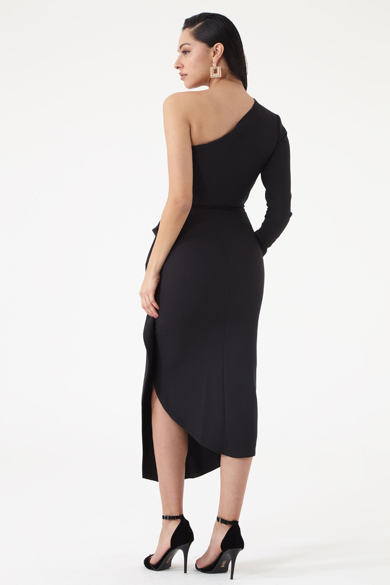Black Crepe One Arm Midi Dress