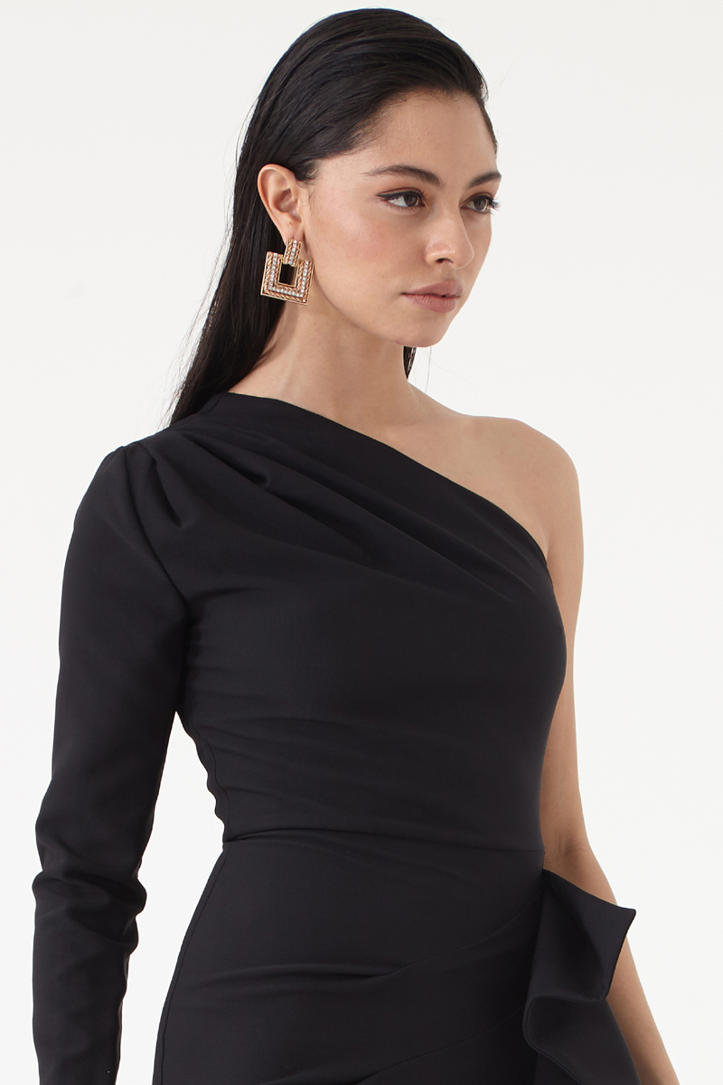 Black Crepe One Arm Midi Dress