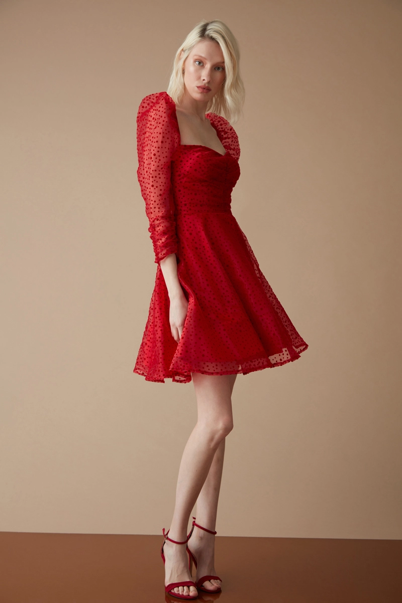 Red Tulle Long Sleeve Mini Dress