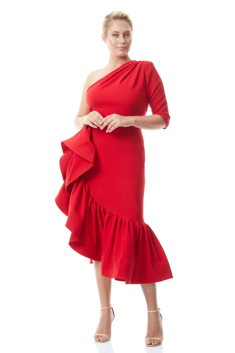 Red Plus Size Crepe One Arm Maxi Dress
