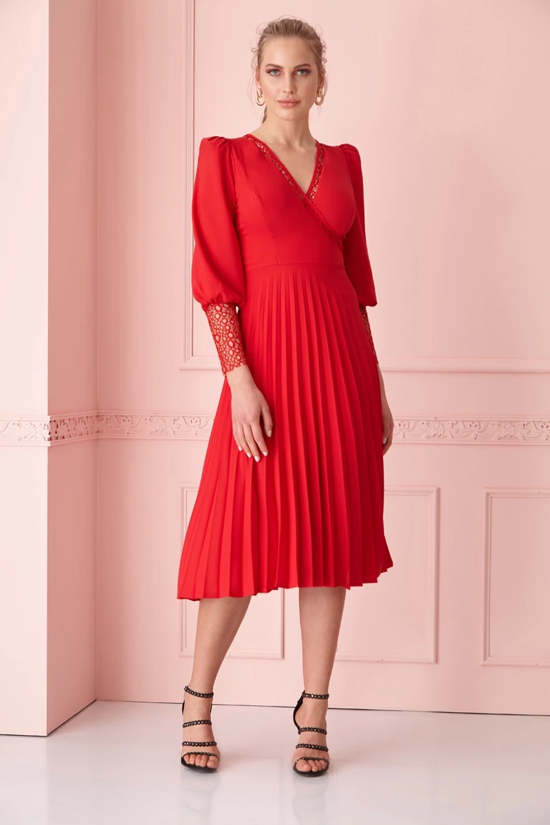 Red Crepe Long Sleeve Midi Dress
