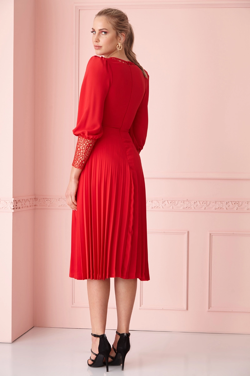 Red Crepe Long Sleeve Midi Dress