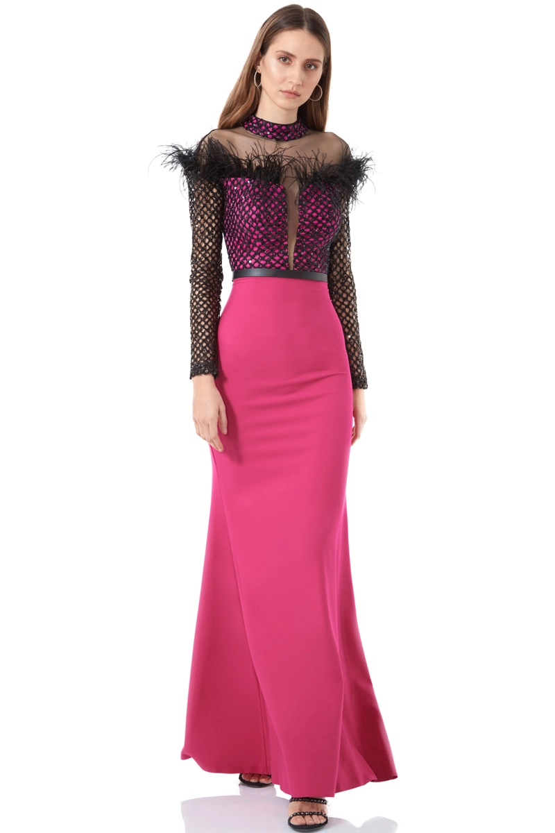Fuchsia Crepe Long Sleeve Maxi Dress
