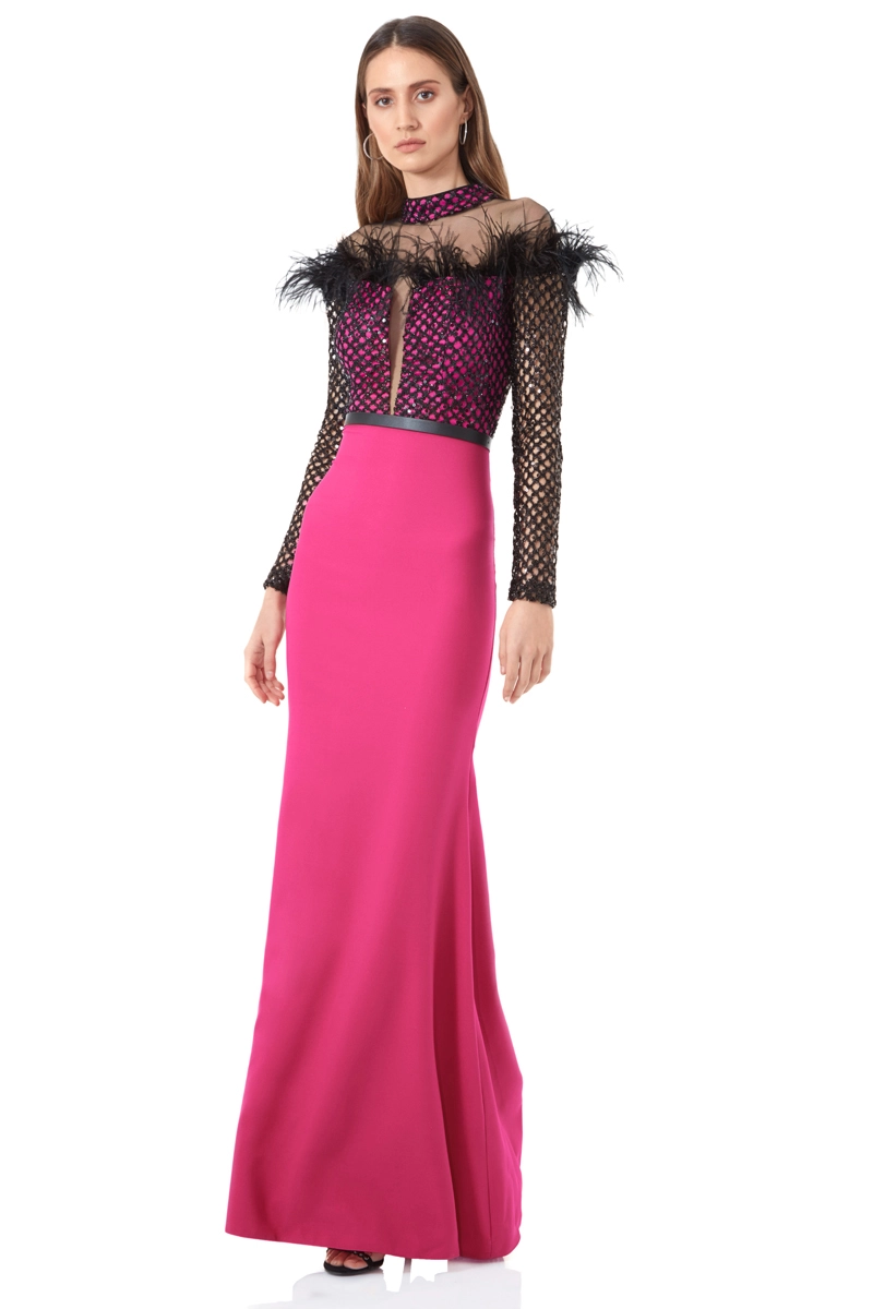 Fuchsia Crepe Long Sleeve Maxi Dress