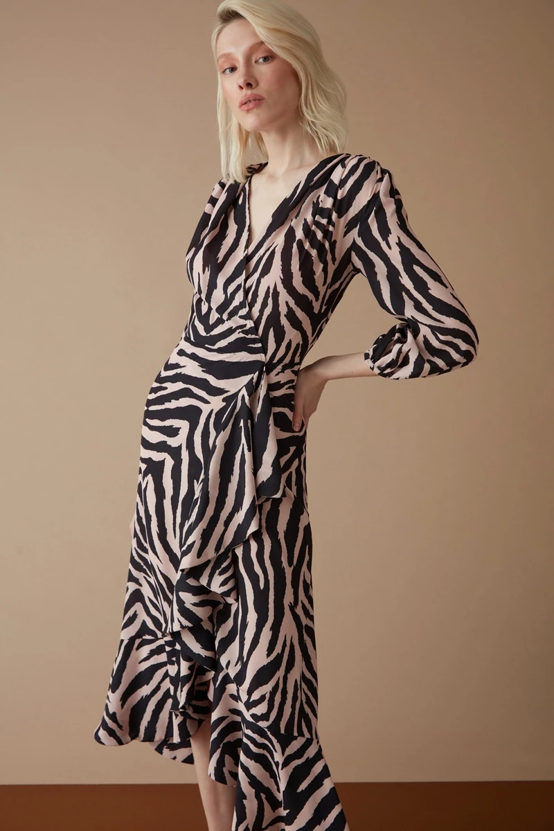 Beige Crepe Long Sleeve Midi Dress