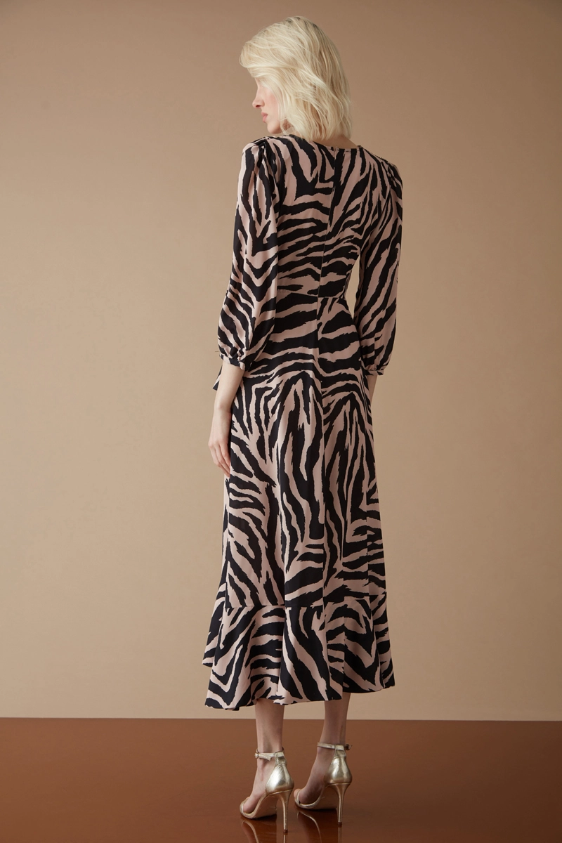 Beige Crepe Long Sleeve Midi Dress