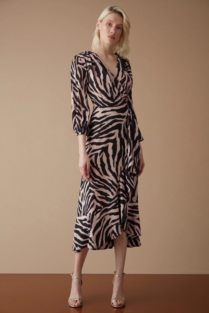 Beige Crepe Long Sleeve Midi Dress