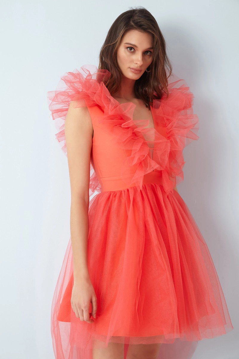 Orange Tulle Sleeveless Mini Dress