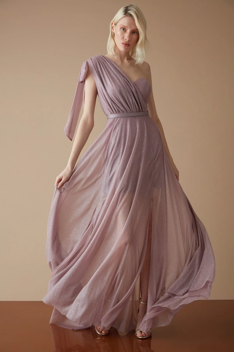 Lilac Tulle One Arm Maxi Dress