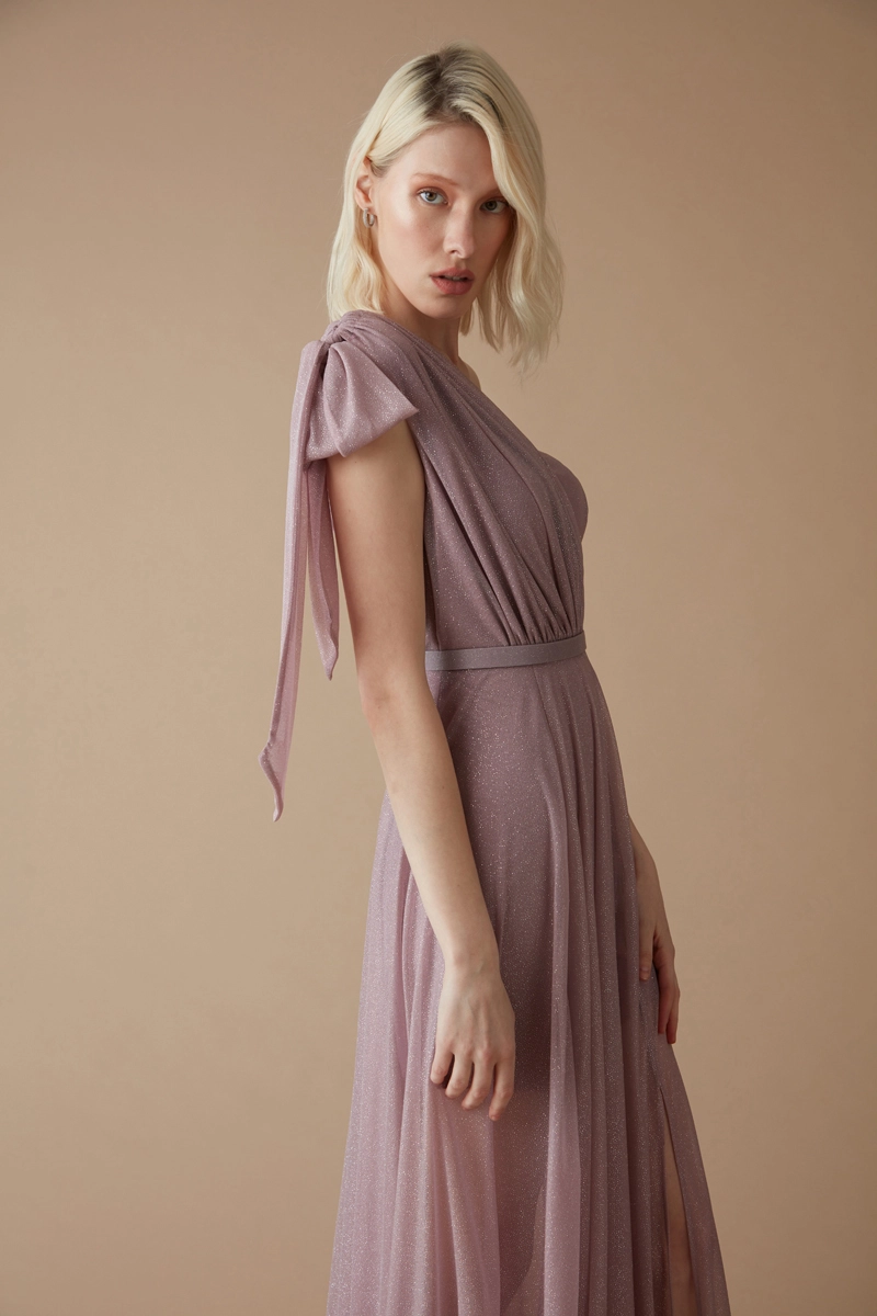 Lilac Tulle One Arm Maxi Dress
