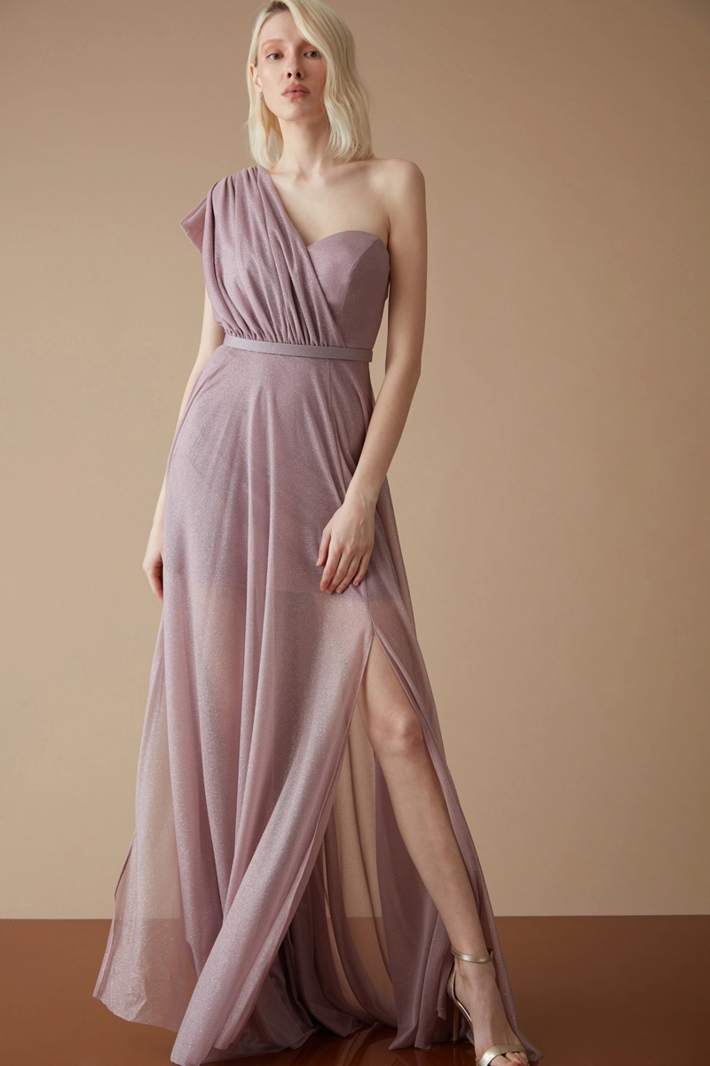 Lilac Tulle One Arm Maxi Dress