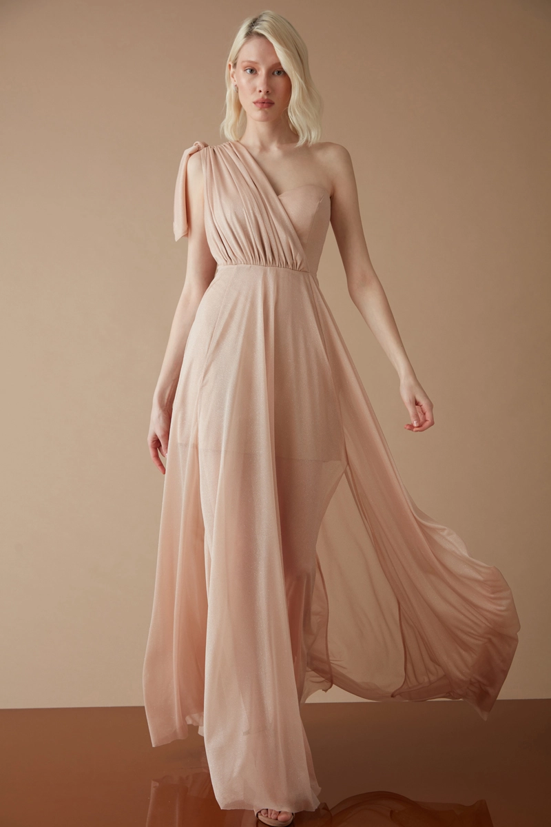 Gold Tulle One Arm Maxi Dress