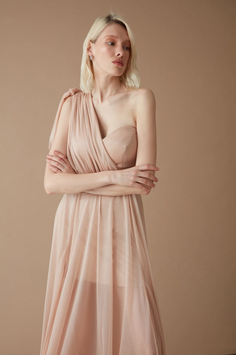Gold Tulle One Arm Maxi Dress