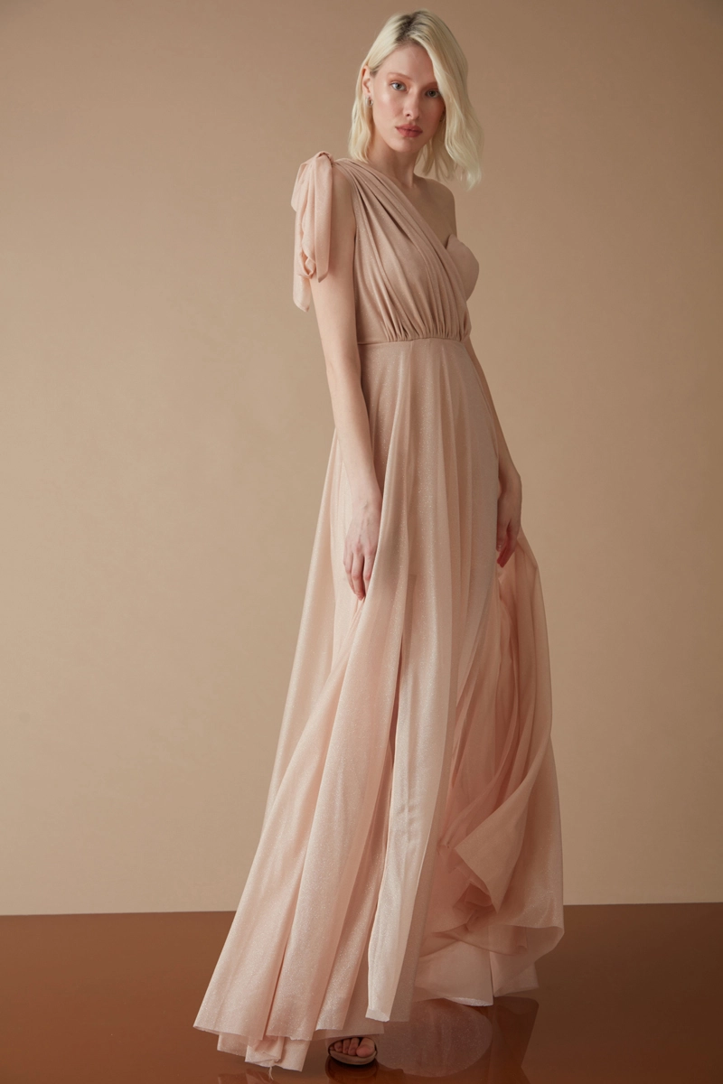 Gold Tulle One Arm Maxi Dress
