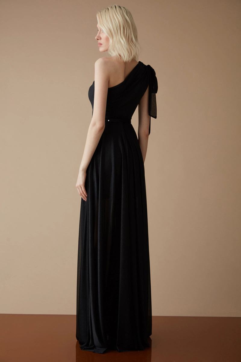 Black Tulle One Arm Maxi Dress
