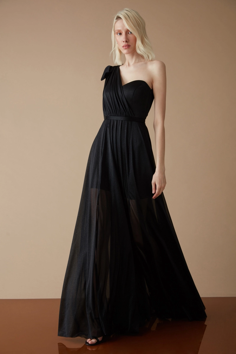 Black Tulle One Arm Maxi Dress