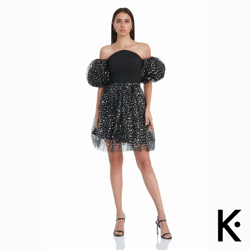 Black Pul Payetli Krep Short Sleeve Mini Dress