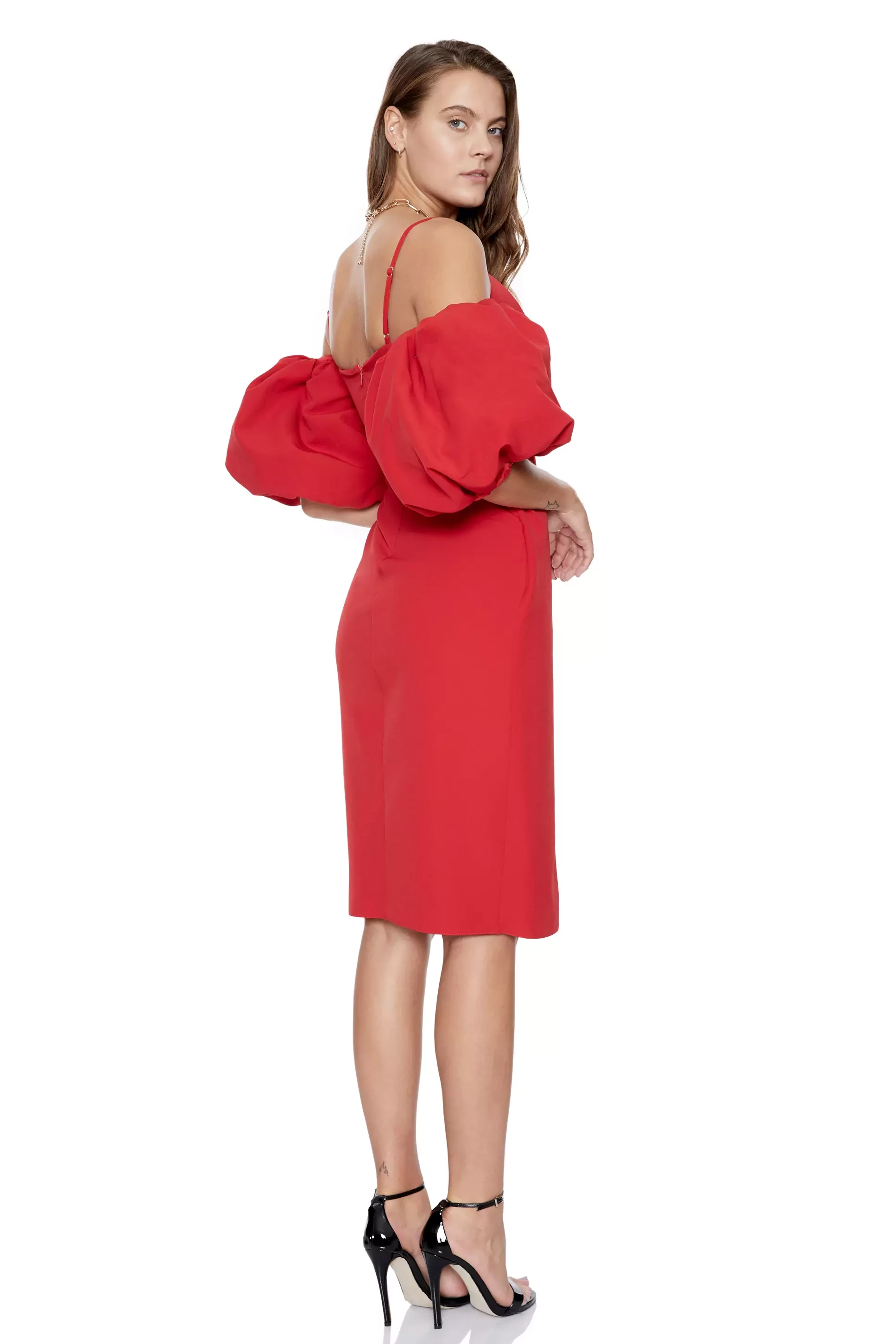 Red Crepe Short Sleeve Midi Dress