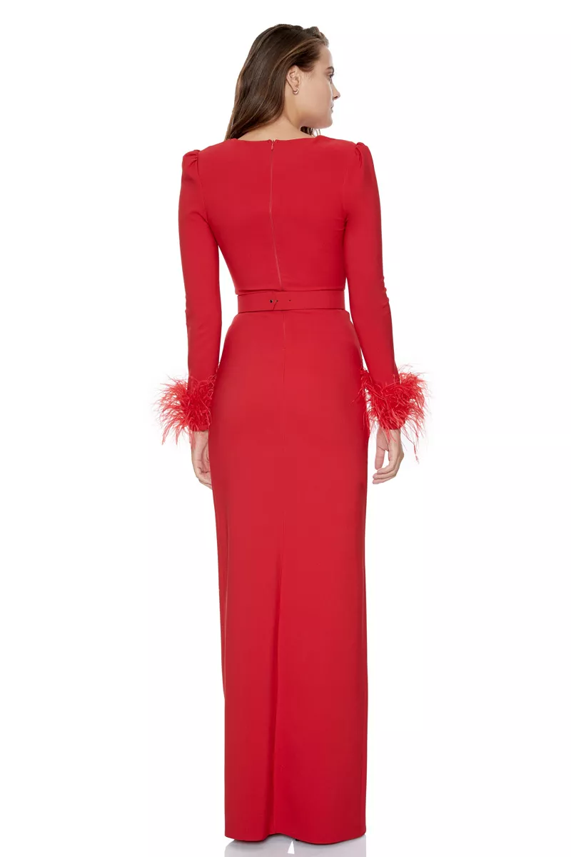 Red Crepe Long Sleeve Maxi Dress