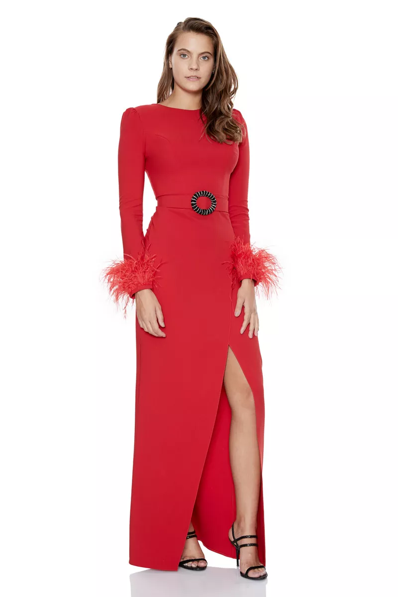 Red Crepe Long Sleeve Maxi Dress