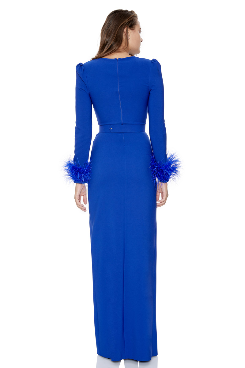 Blue Crepe Long Sleeve Maxi Dress
