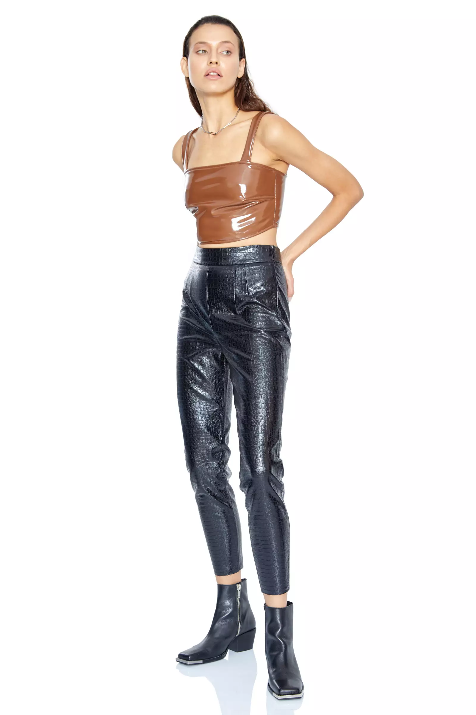 Brown Leather Sleeveless Crop Top