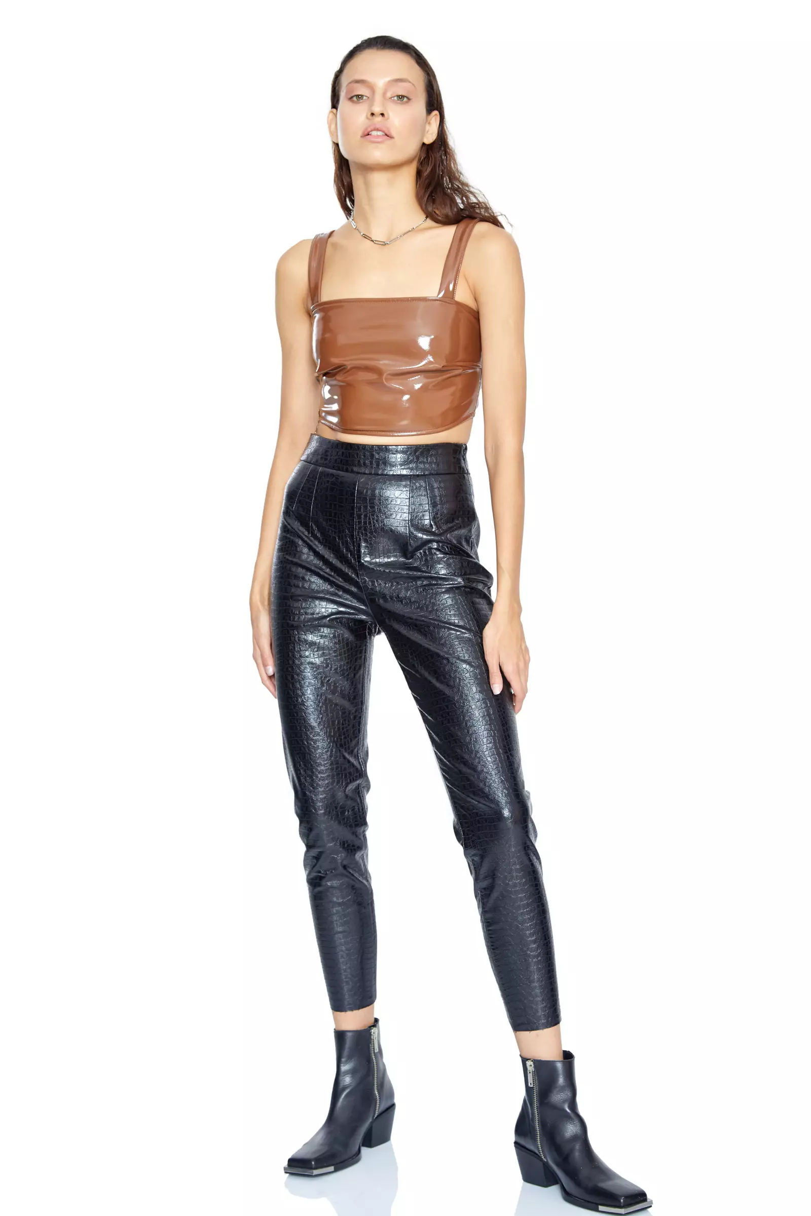Brown Leather Sleeveless Crop Top