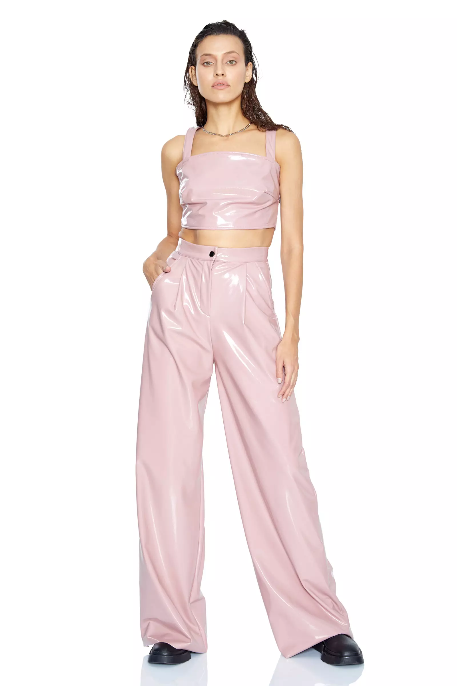 Powder Leather Sleeveless Crop Top