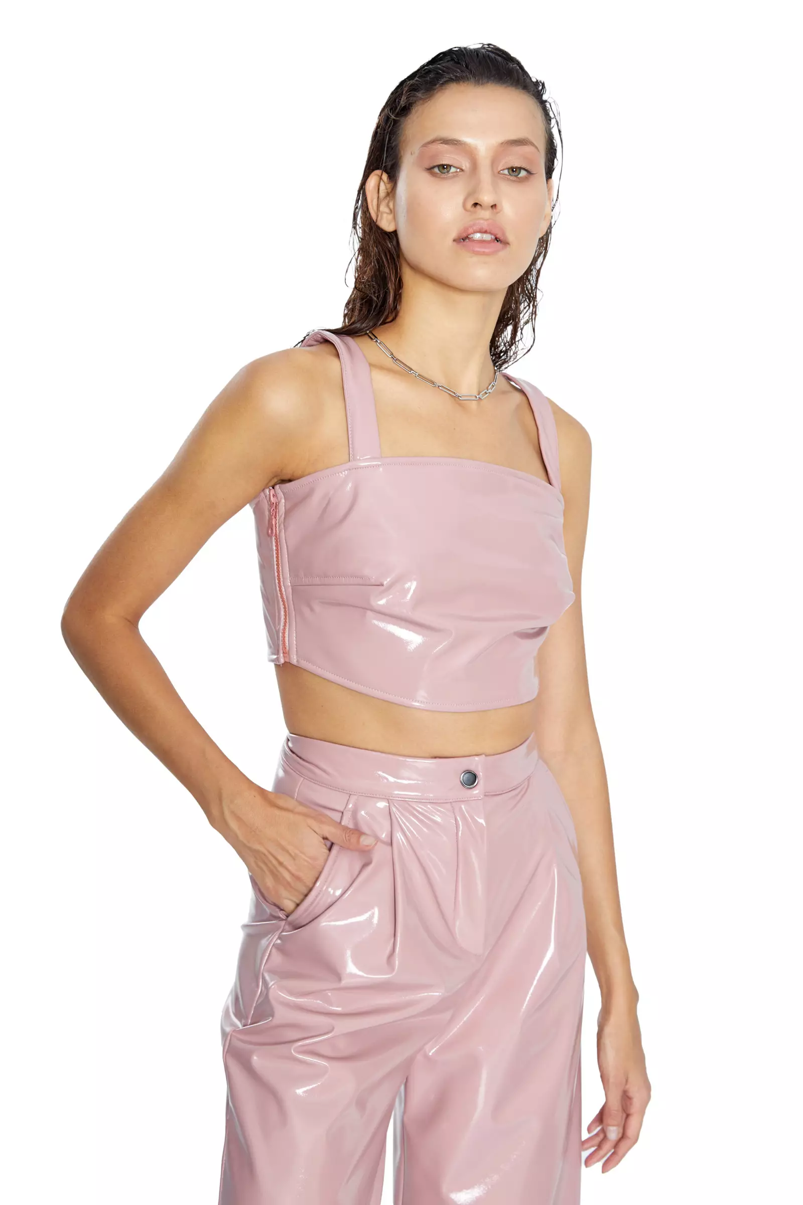 Powder Leather Sleeveless Crop Top