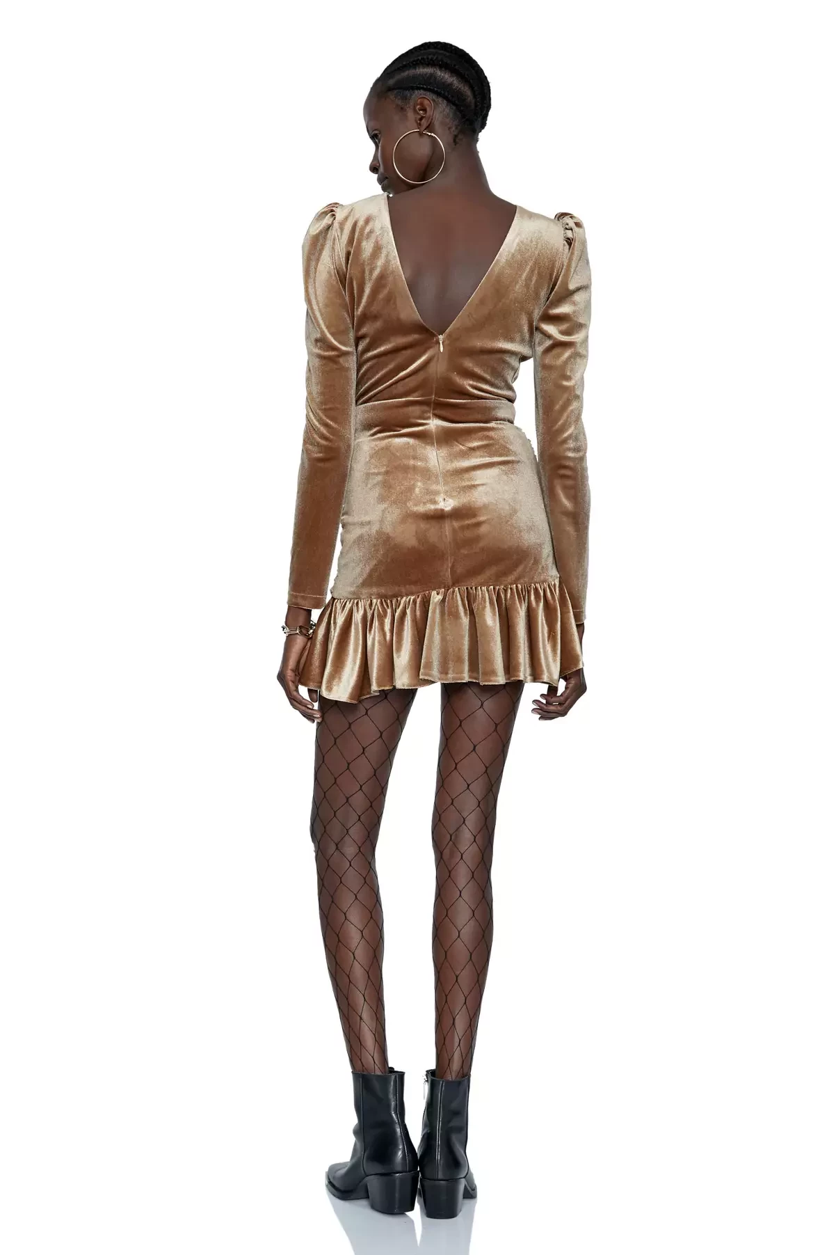 Camel Velvet Long Sleeve Mini Dress