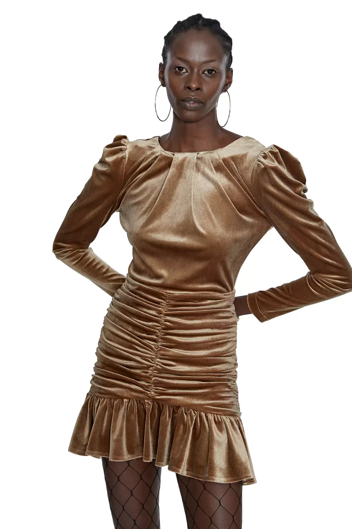Camel Velvet Long Sleeve Mini Dress