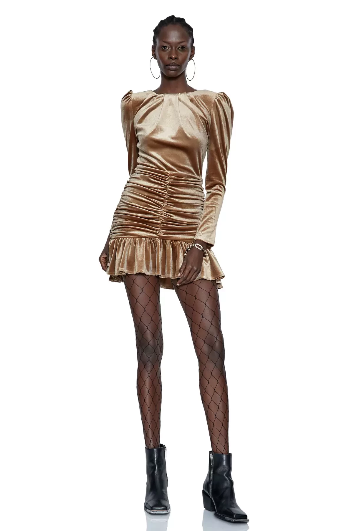 Camel Velvet Long Sleeve Mini Dress