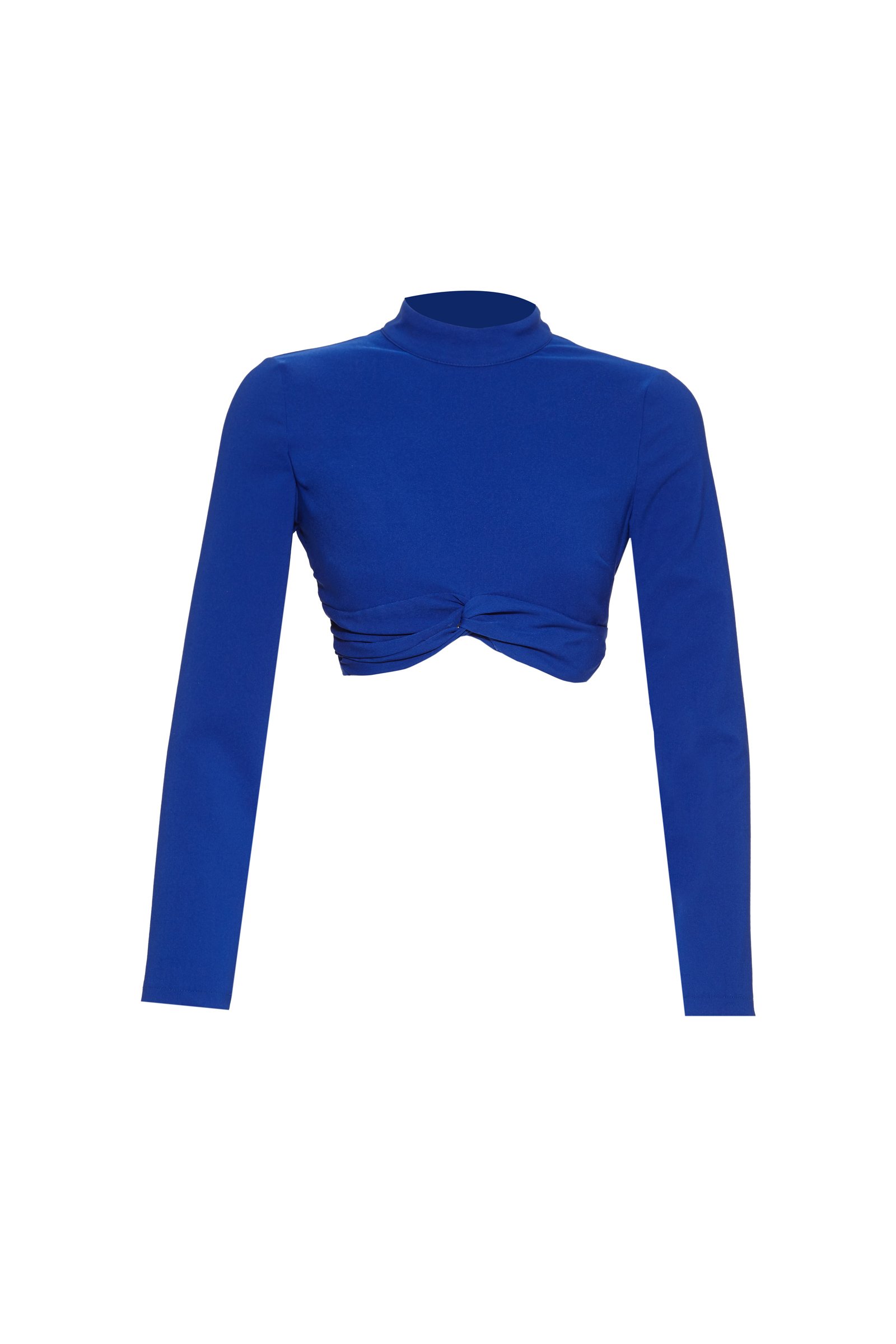 Blue Crepe Long Sleeve Crop Top