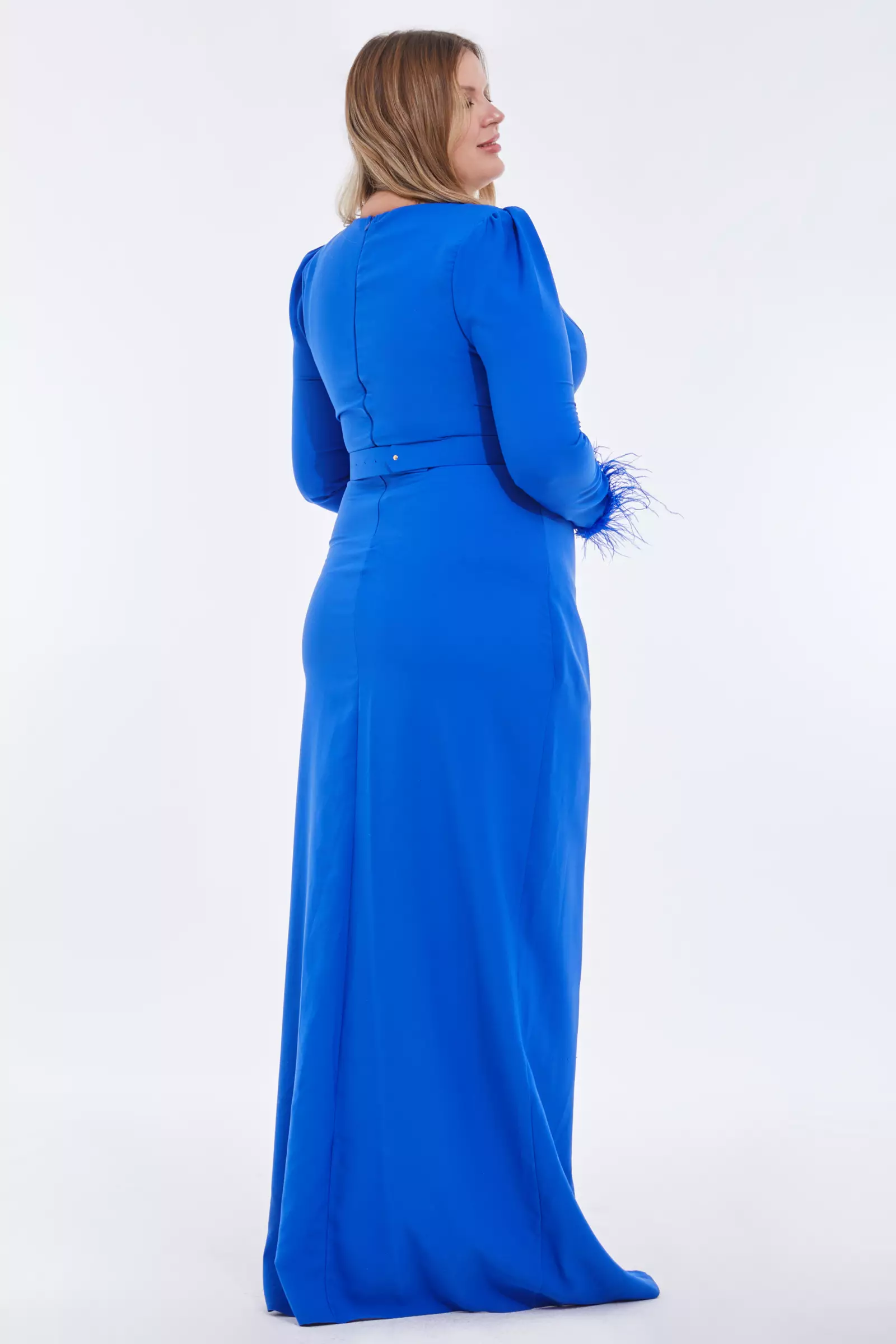 Blue Plus Size Crepe Long Sleeve Maxi Dress