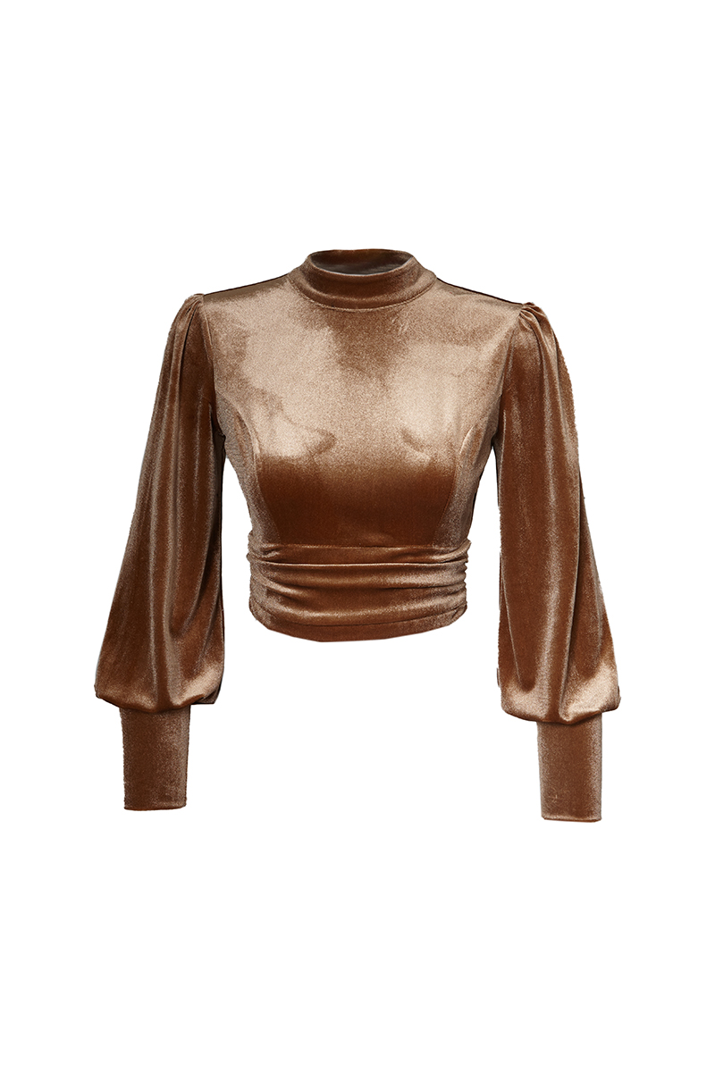 Camel Velvet Long Sleeve Mini Shirt