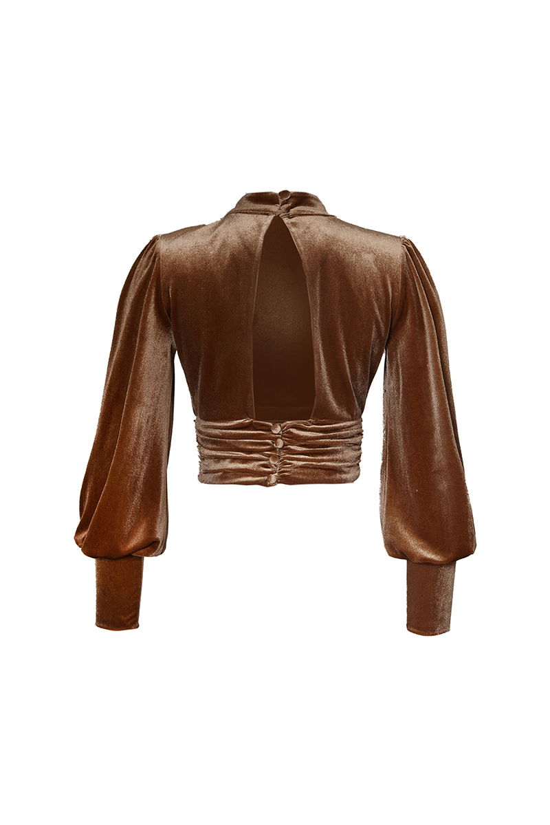 Camel Velvet Long Sleeve Mini Shirt