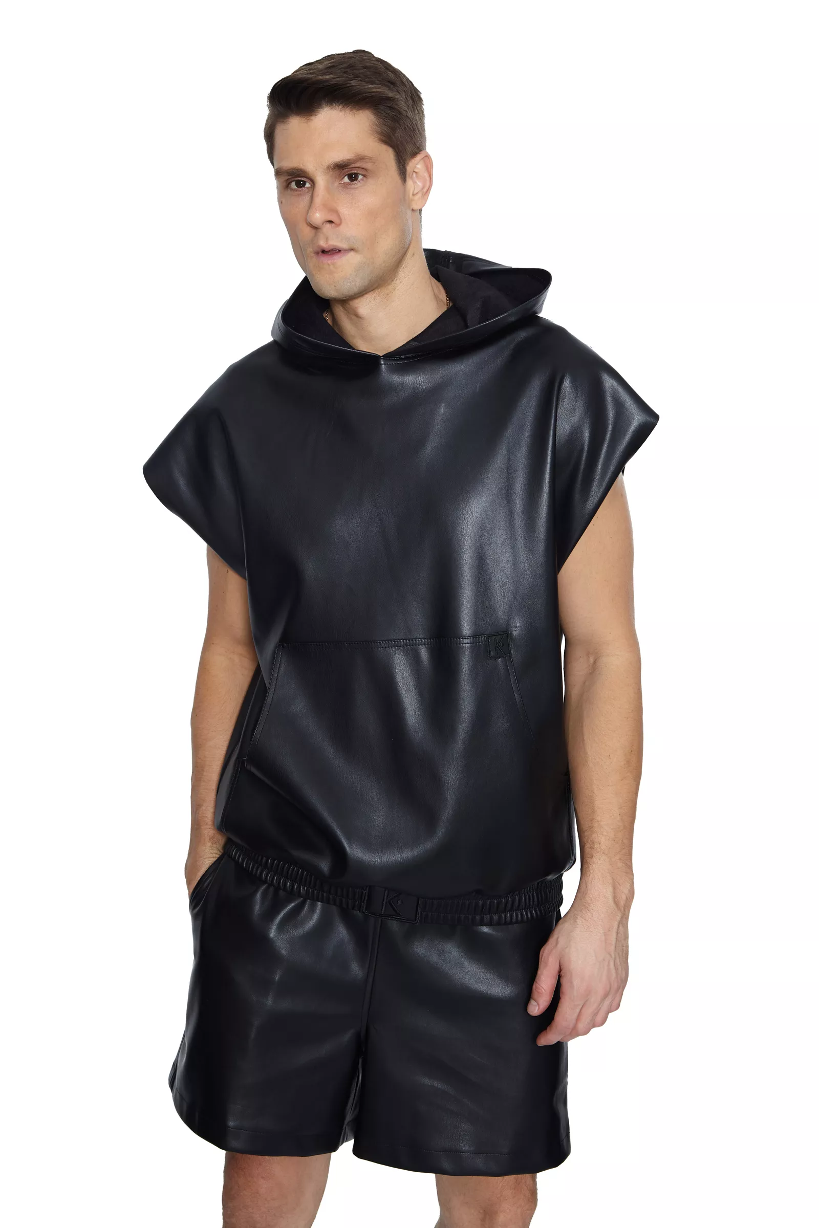 Black Leather Sleeveless Sweatshirt