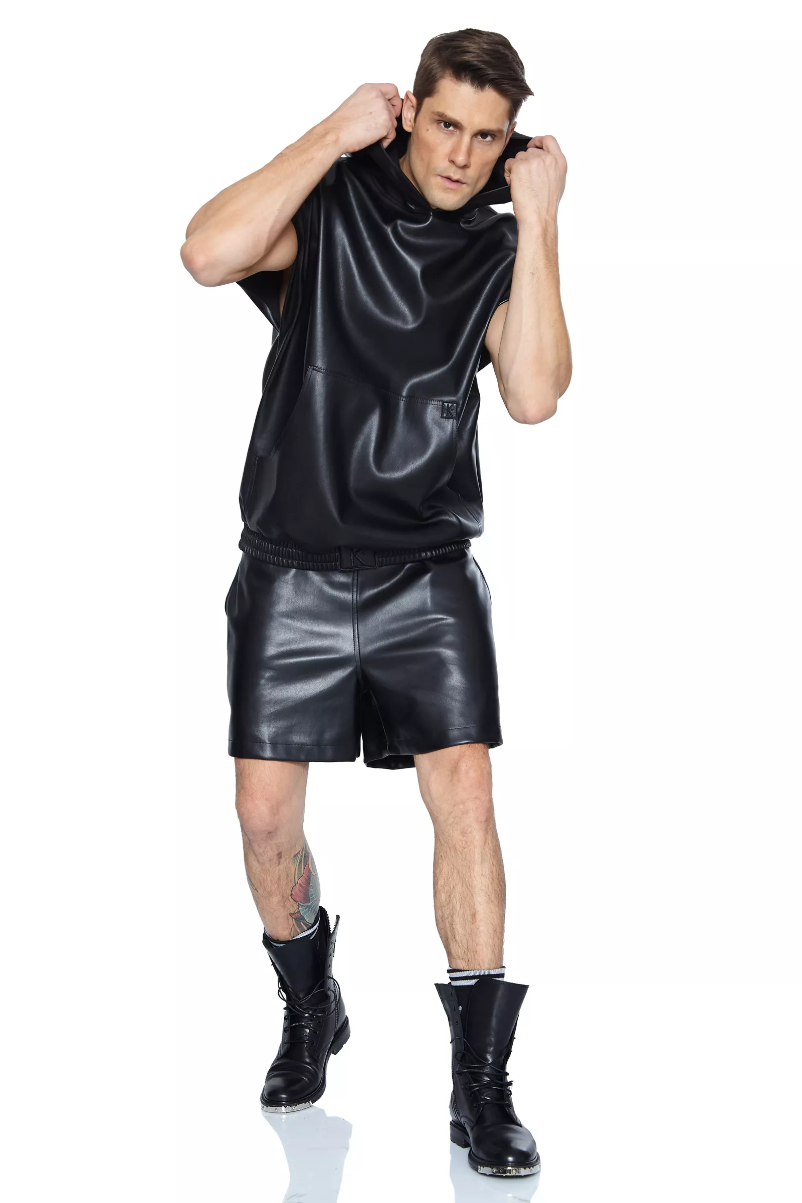 Black Leather Sleeveless Sweatshirt