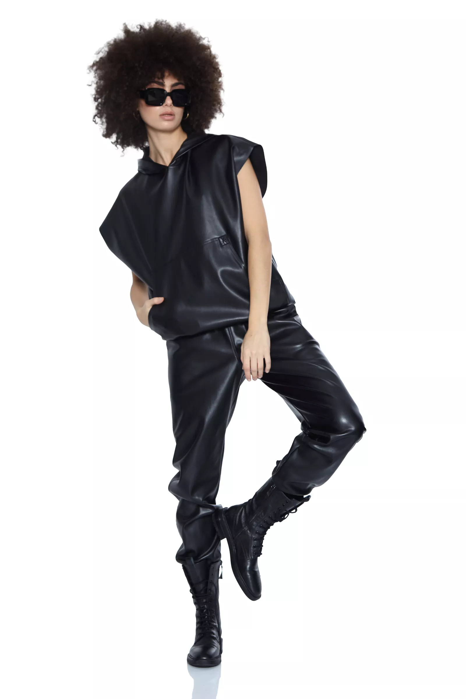 Black Leather Sleeveless Sweatshirt
