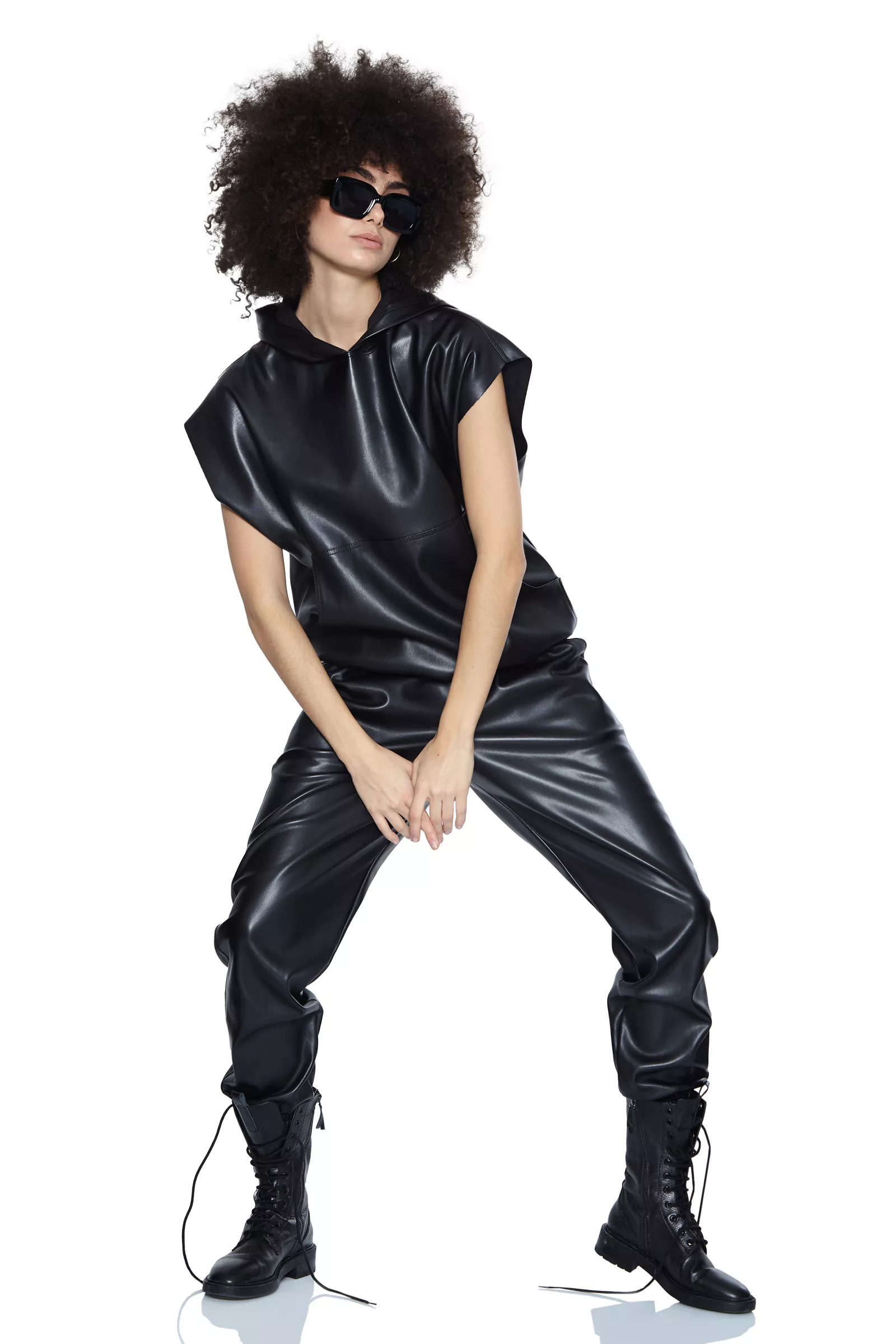 Black Leather Sleeveless Sweatshirt