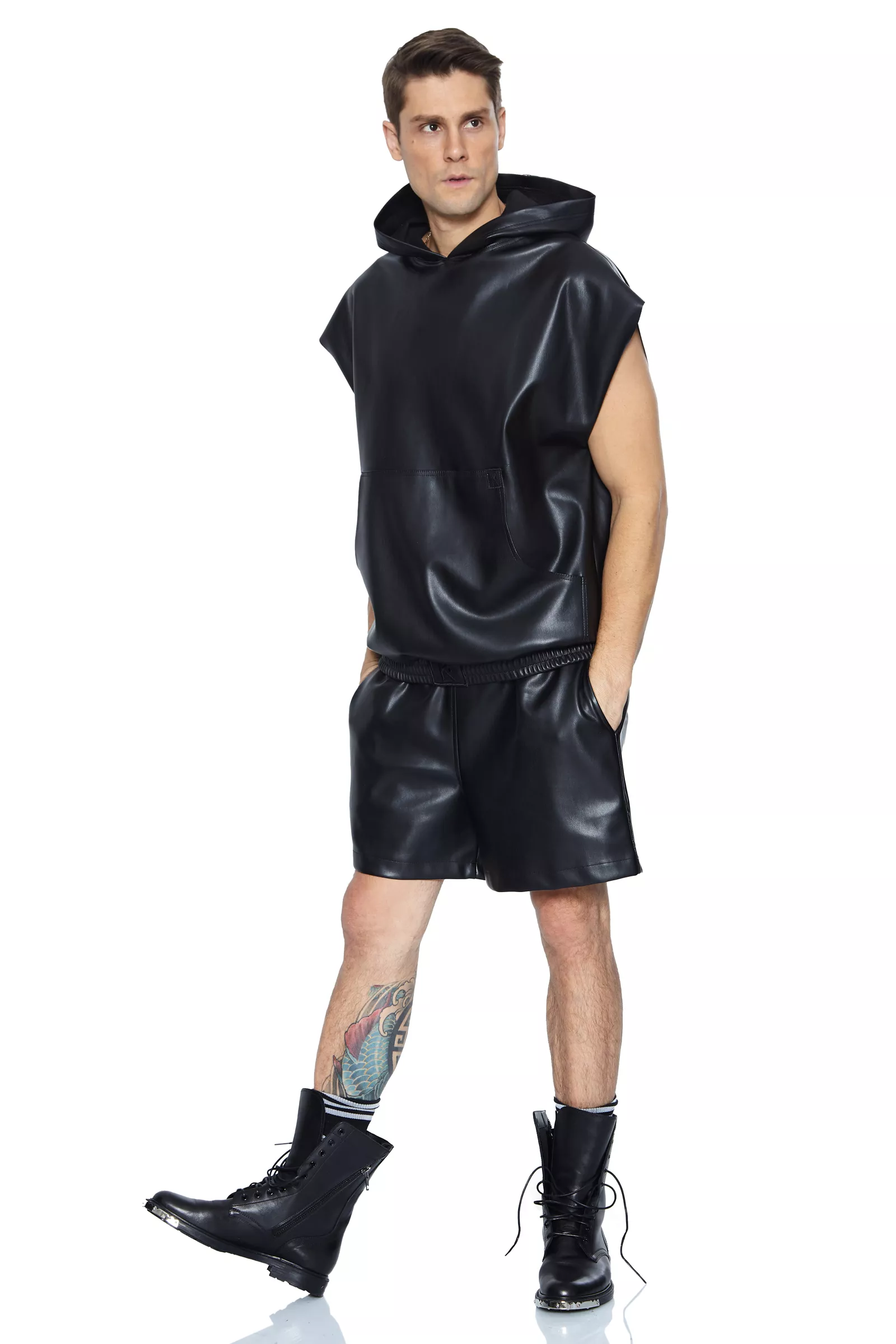 Black Leather Sleeveless Sweatshirt