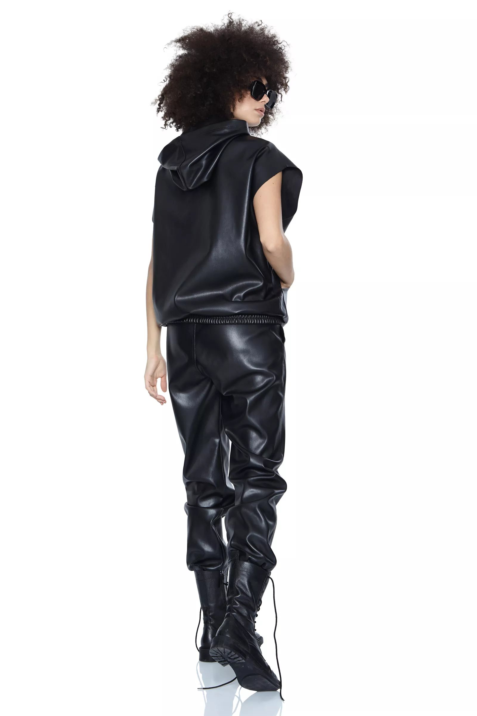 Black Leather Sleeveless Sweatshirt