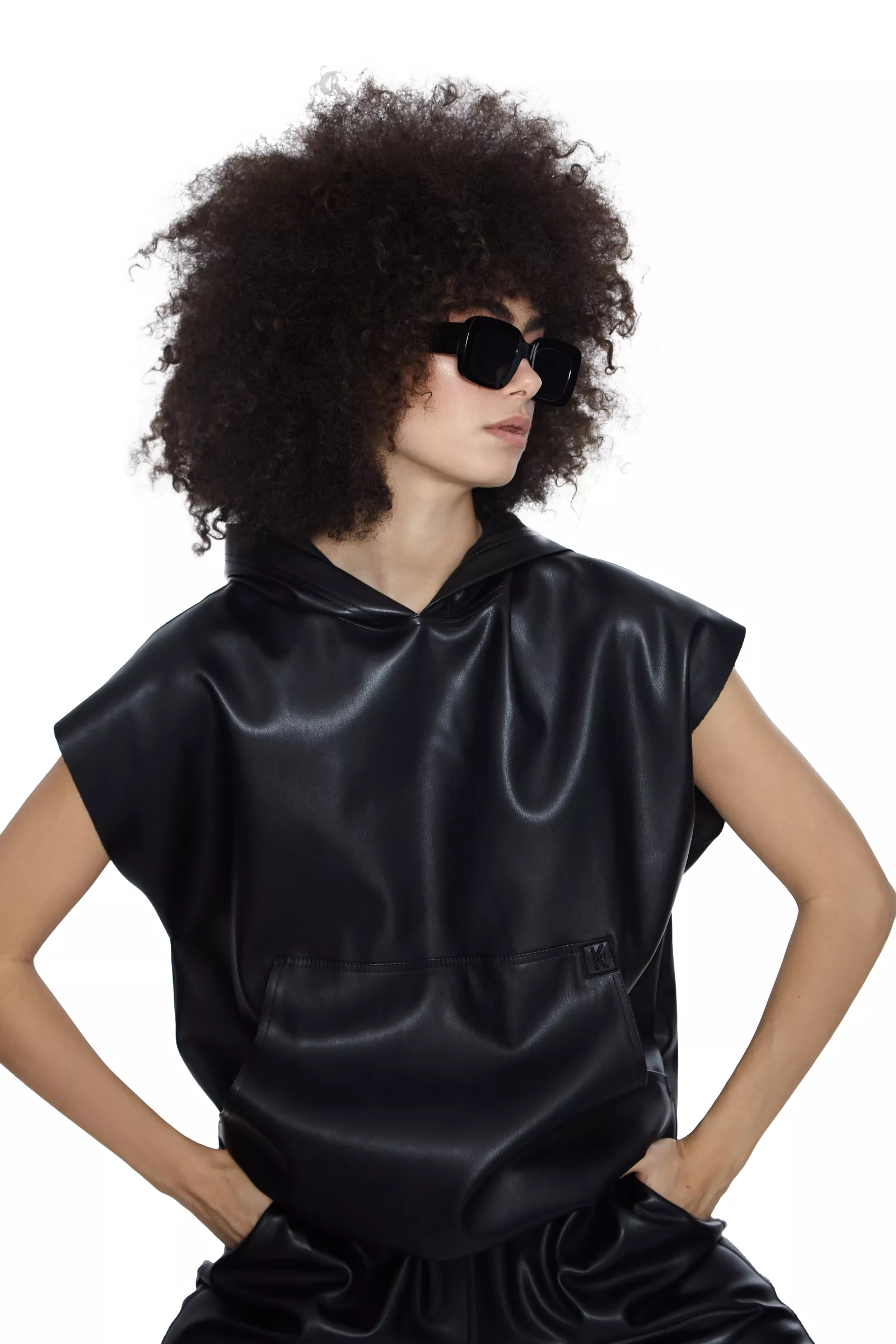 Black Leather Sleeveless Sweatshirt