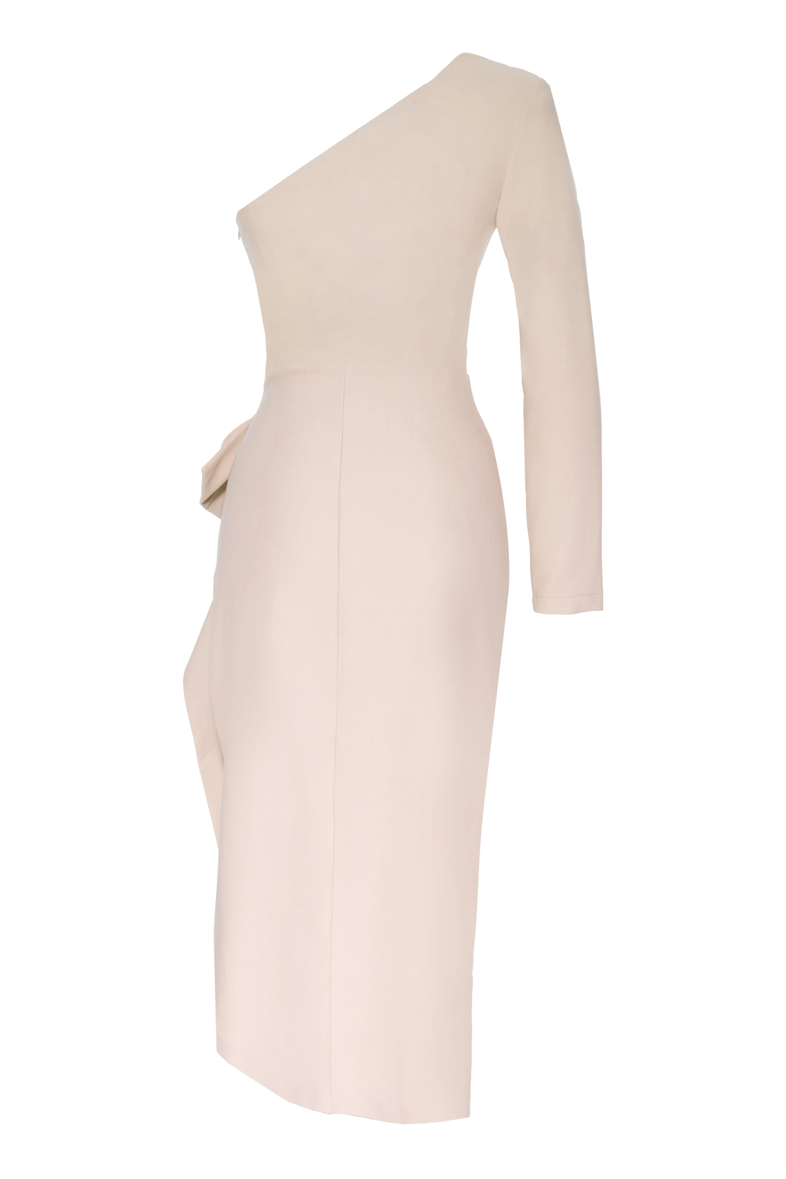 Beige Crepe One Arm Midi Dress