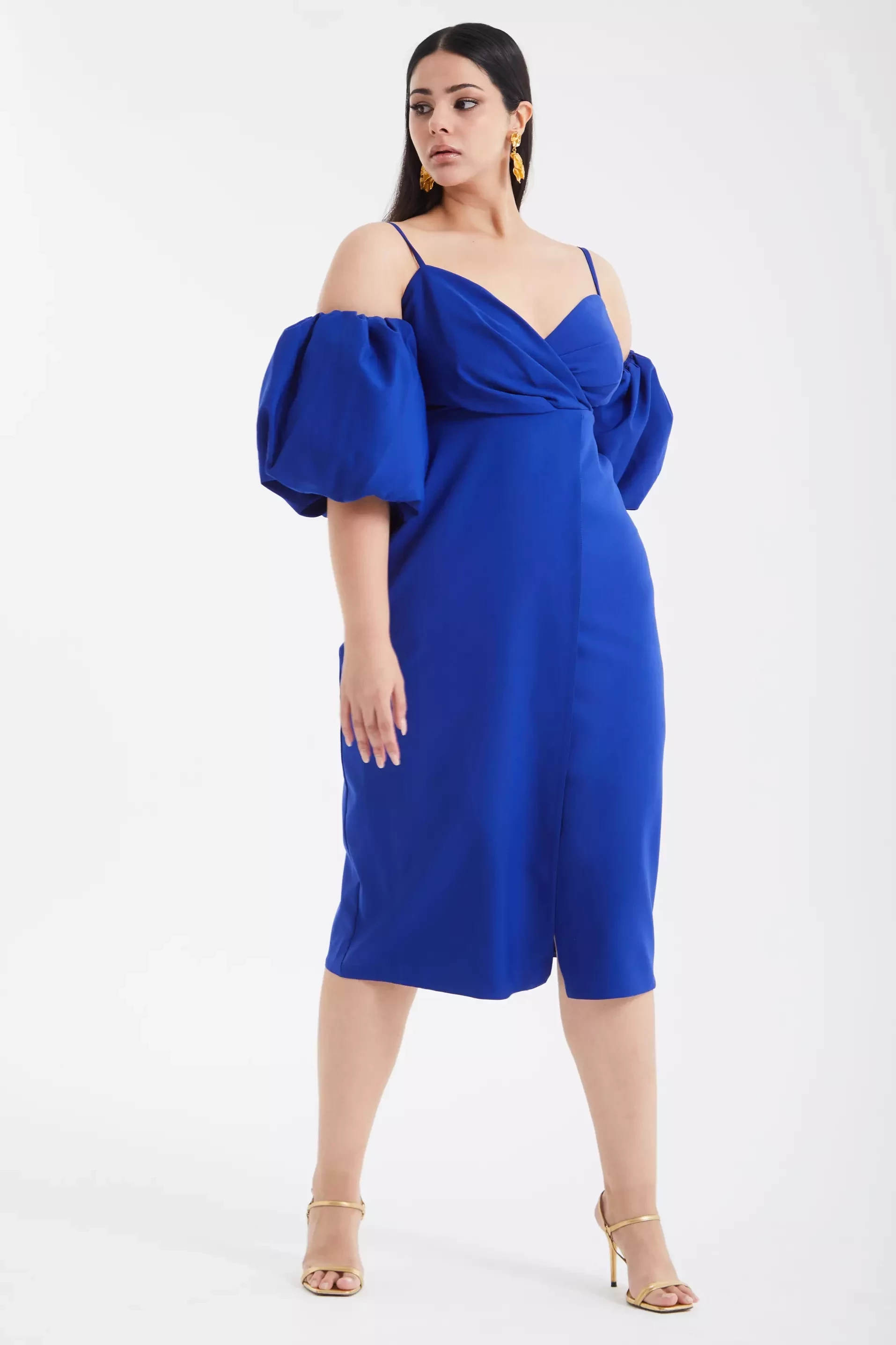 Blue Plus Size Crepe Short Sleeve Midi Dress