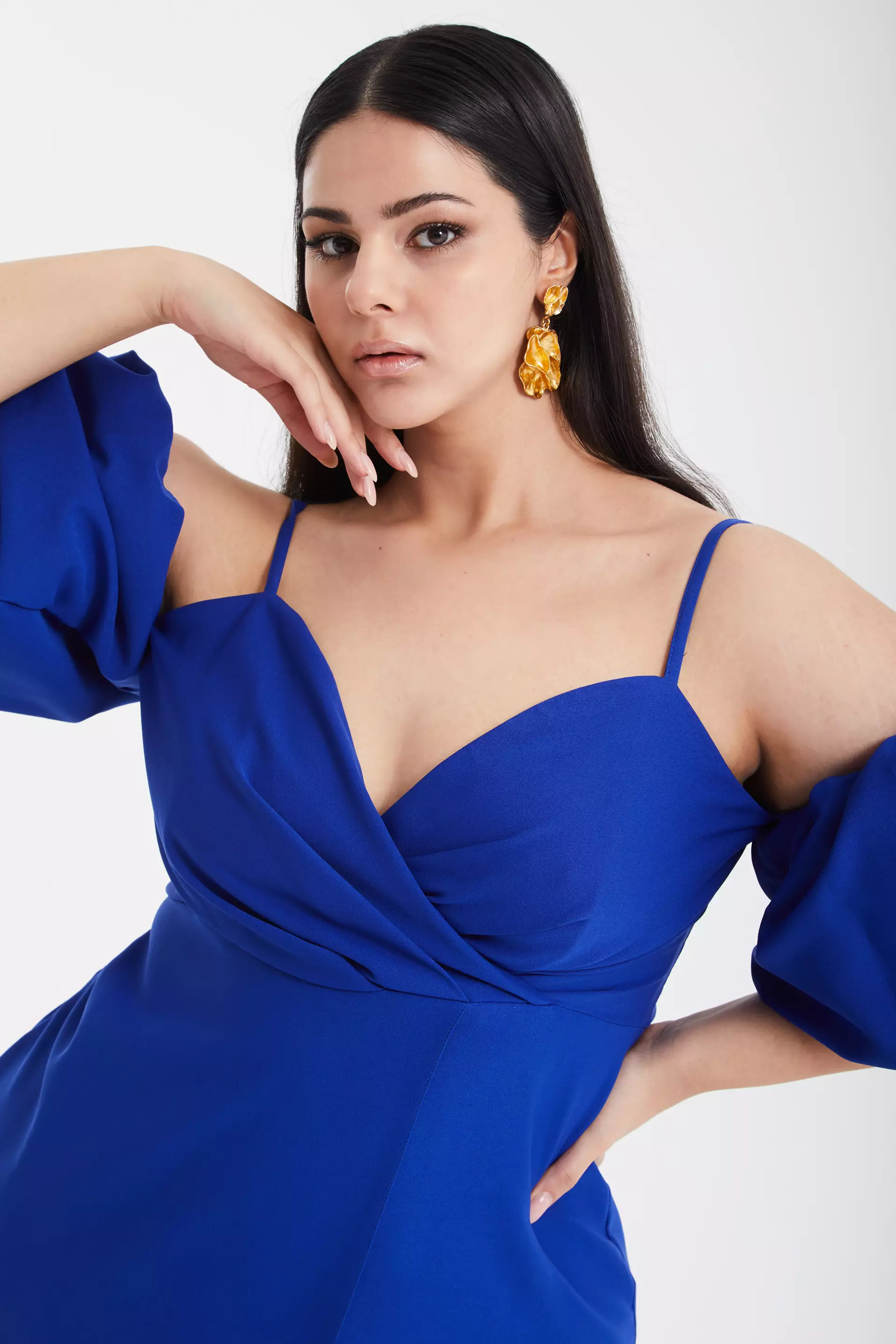 Blue Plus Size Crepe Short Sleeve Midi Dress