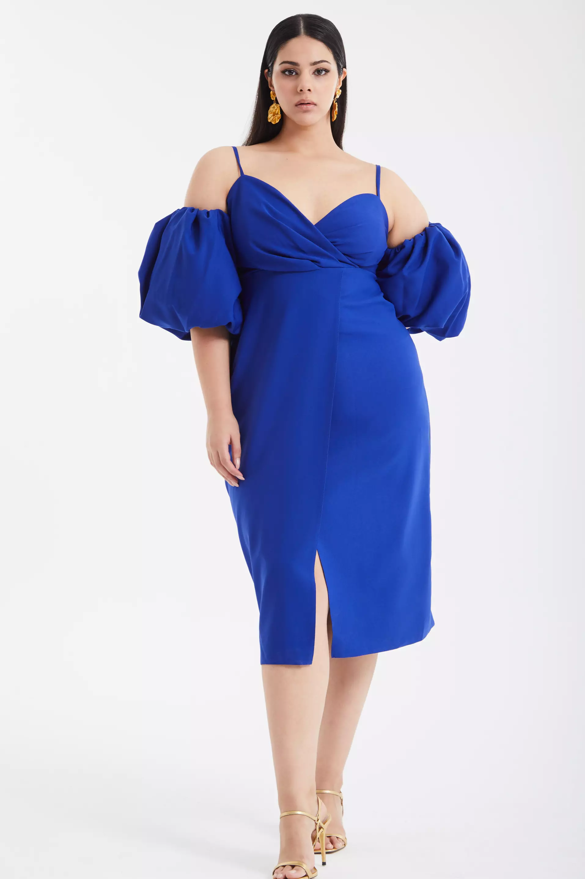 Blue Plus Size Crepe Short Sleeve Midi Dress