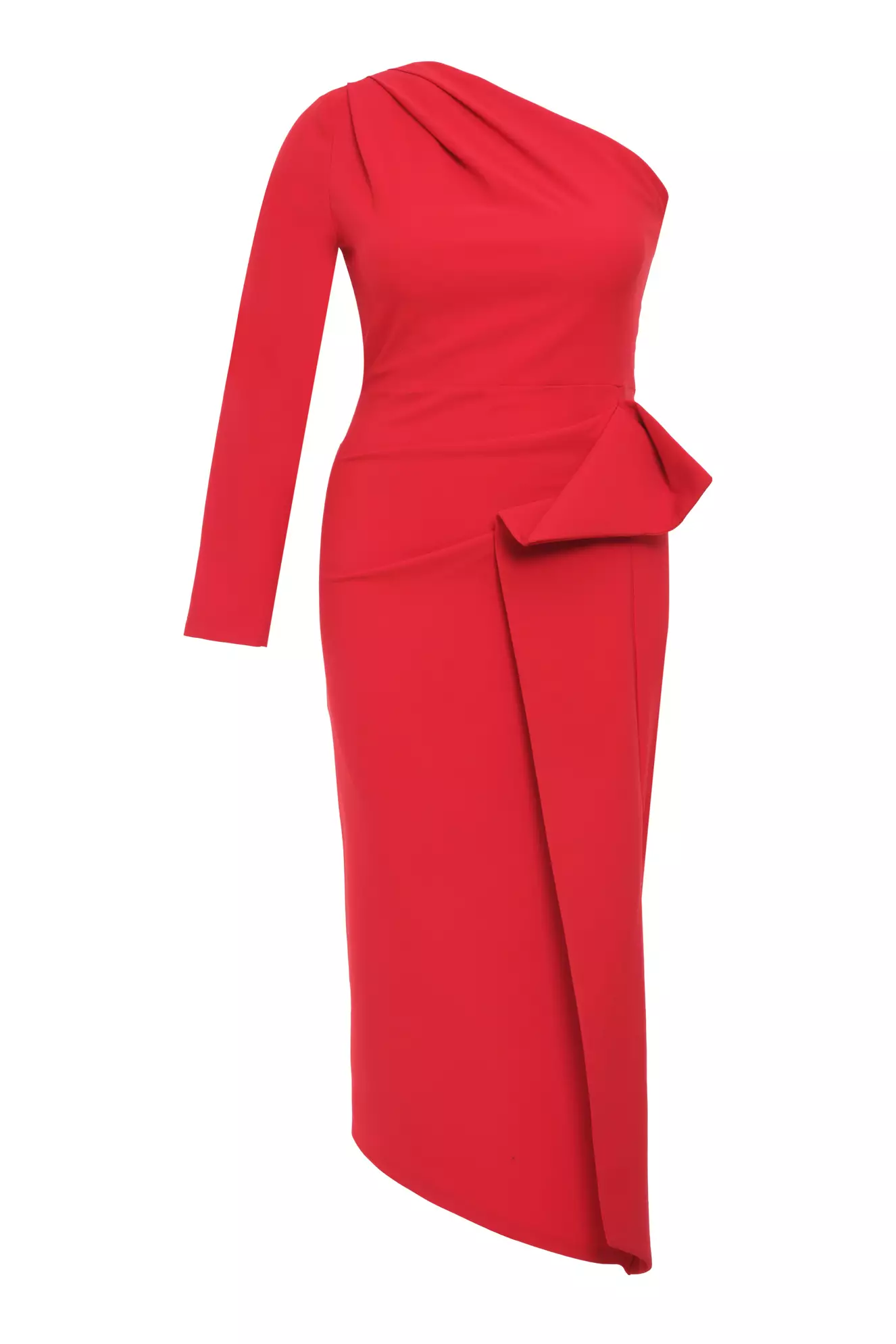 Red Plus Size Crepe Long Sleeve Midi Dress